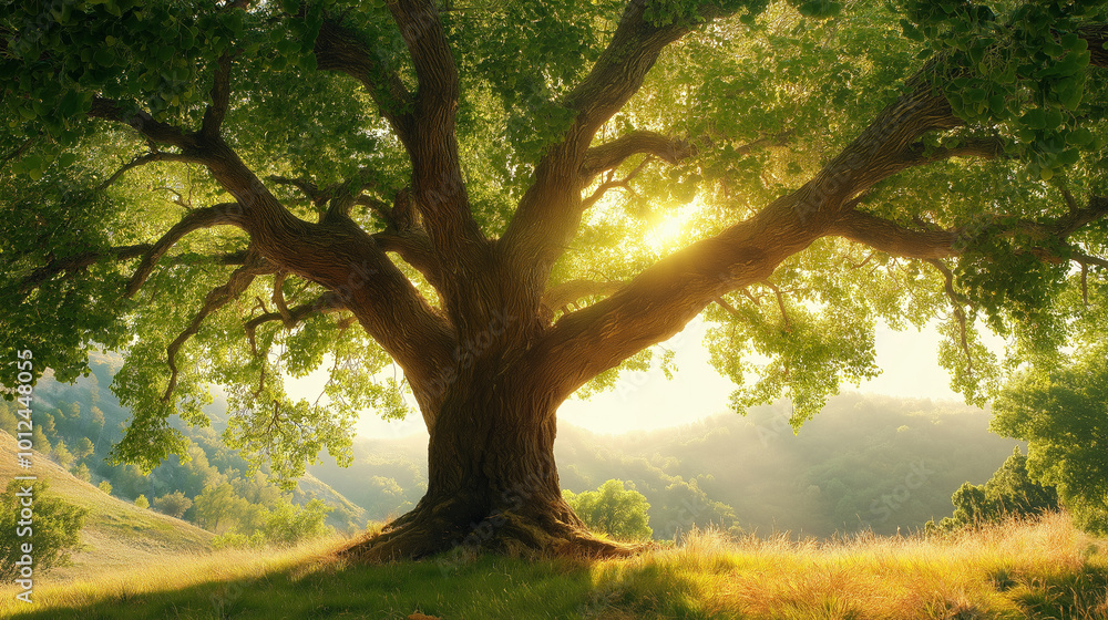 Majestic Green Canopy with Sunlight Piercing Through - A Serene Symphony of Nature's Light and Shadows, Creating a Peaceful Oasis Beneath the Verdant Leaves. Majestic Green Canopy with Sunlight Piercing Through - A Serene Symphony of Nature's Light and Shadows, Creating a Peaceful Oasis Beneath the Verdant Leaves.