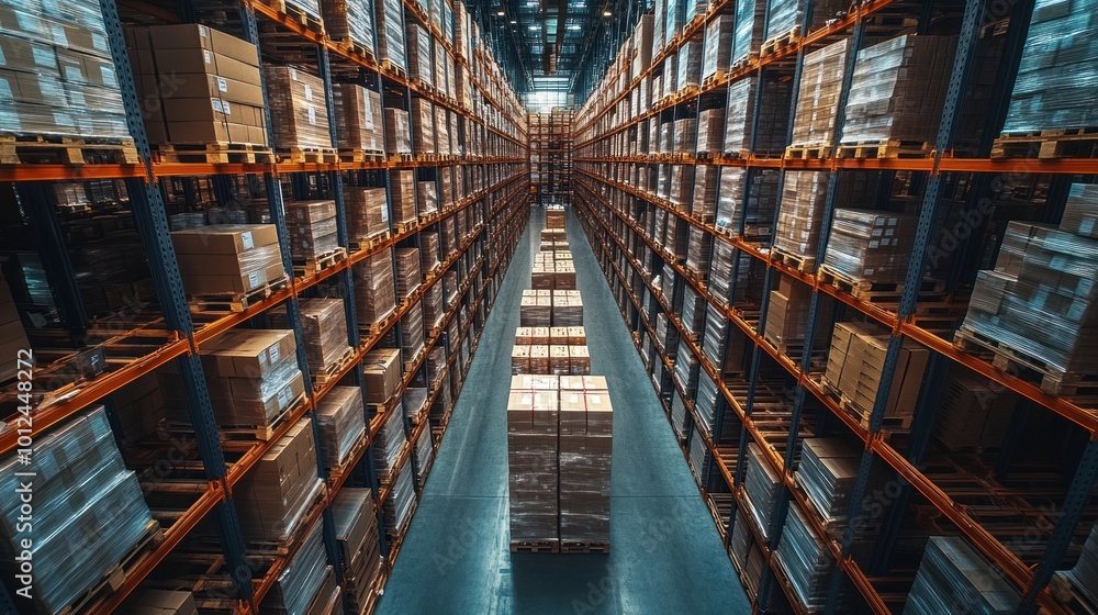 An overhead view of a large warehouse with rows of stacked boxes on shelves. An overhead view of a large warehouse with rows of stacked boxes on shelves.