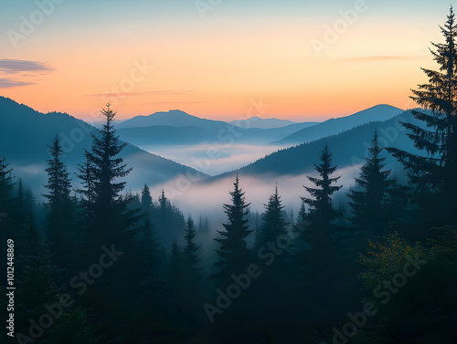 Sunrise Mountain Landscape Photo - Misty Forest, Sunrise, Mountain Peaks, Colorful Sky