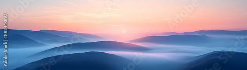 Pink Sunrise Mountain Landscape Photo - Rolling Hills, Misty Morning, Fog, Pastel Colors, Scenic, Nature, Outdoors, Landscape Photography, Travel