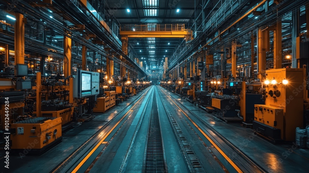 An industrial factory with rows of machinery and conveyor belts in a long, well-lit space. An industrial factory with rows of machinery and conveyor belts in a long, well-lit space.