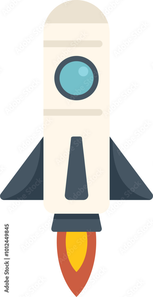 Simple vector illustration of a white rocket launching upward with flames below, isolated on a white background Simple vector illustration of a white rocket launching upward with flames below, isolated on a white background