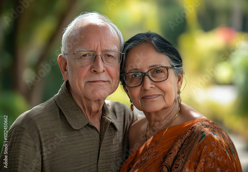 Elderly binational couple in a Park looking at Camera photo