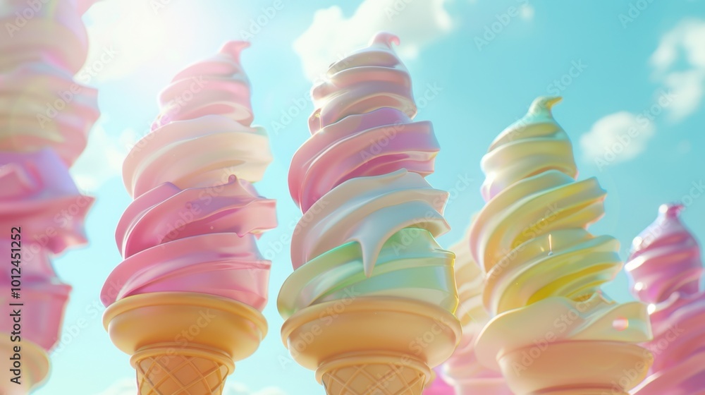 Colorful Ice Cream Cones Under Bright Blue Sky Colorful Ice Cream Cones Under Bright Blue Sky