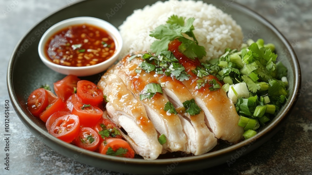 A plate of sliced roasted chicken with rice, tomatoes, green onions, and a side of chili sauce. A plate of sliced roasted chicken with rice, tomatoes, green onions, and a side of chili sauce.