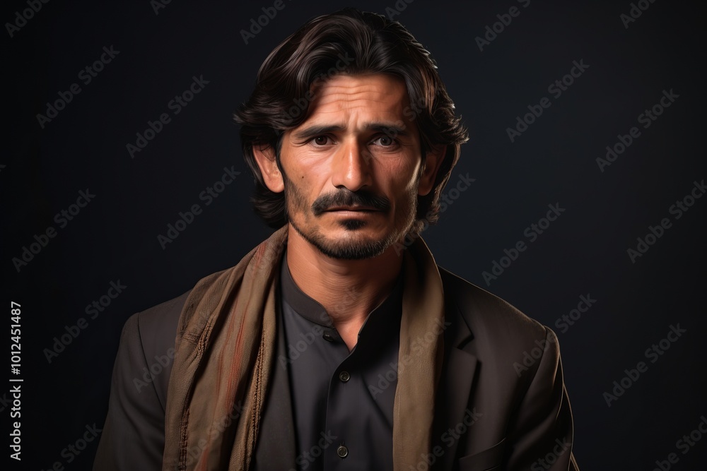 Handsome Indian man with mustache and brown scarf over black background Handsome Indian man with mustache and brown scarf over black background