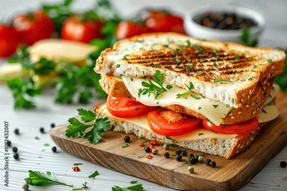 Grilled panini with melted cheese and tomatoes on a wooden board Grilled panini with melted cheese and tomatoes on a wooden board