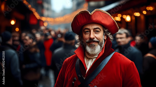 Man in Red Coat Smiles at Camera in Crowd