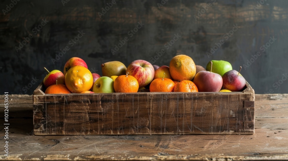 Fresh Fruit in Wooden Crate on Rustic Table Fresh Fruit in Wooden Crate on Rustic Table