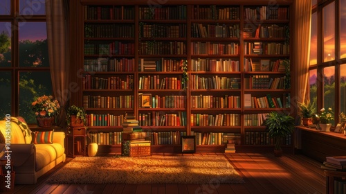 Cozy Reading Nook with Beautiful Bookshelf and Sunlight