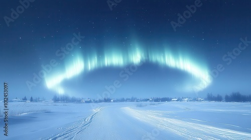 majestic aurora borealis dancing over a tranquil snowy path in the finnish lapland vibrant greens and purples contrasting against a serene winter landscape evoking wonder