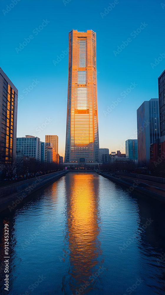Fototapeta premium Golden Hour Reflection - Yokohama Landmark Tower Photo