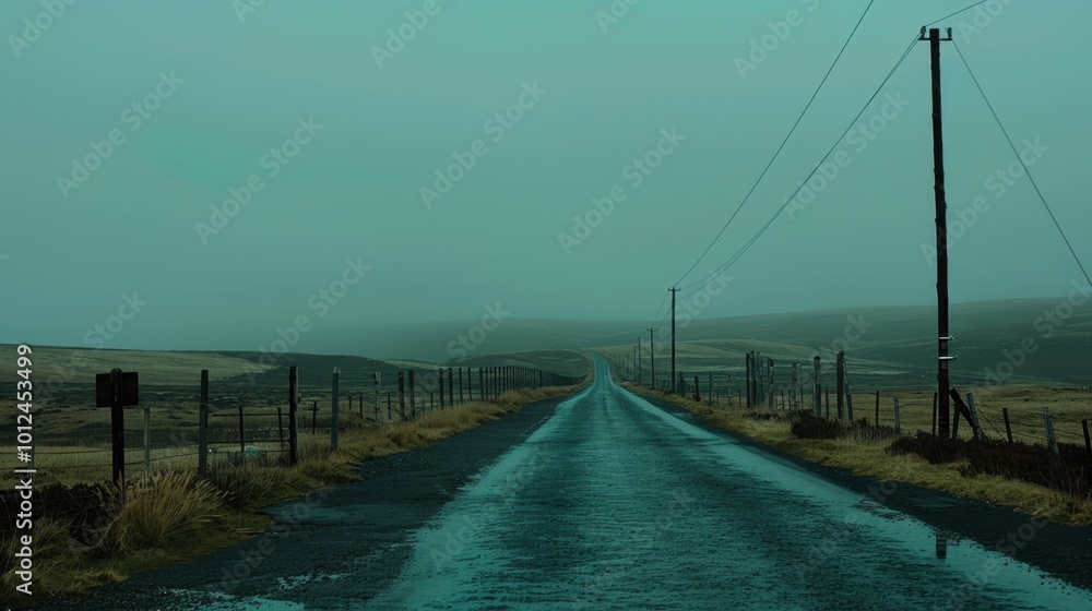 Misty Roadway Through Open Landscape at Dusk Misty Roadway Through Open Landscape at Dusk