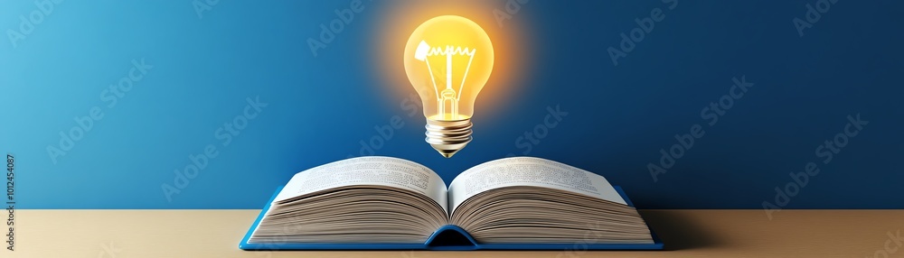 An open book with a glowing lightbulb above, symbolizing knowledge, creativity, and inspiration on a blue background. An open book with a glowing lightbulb above, symbolizing knowledge, creativity, and inspiration on a blue background.