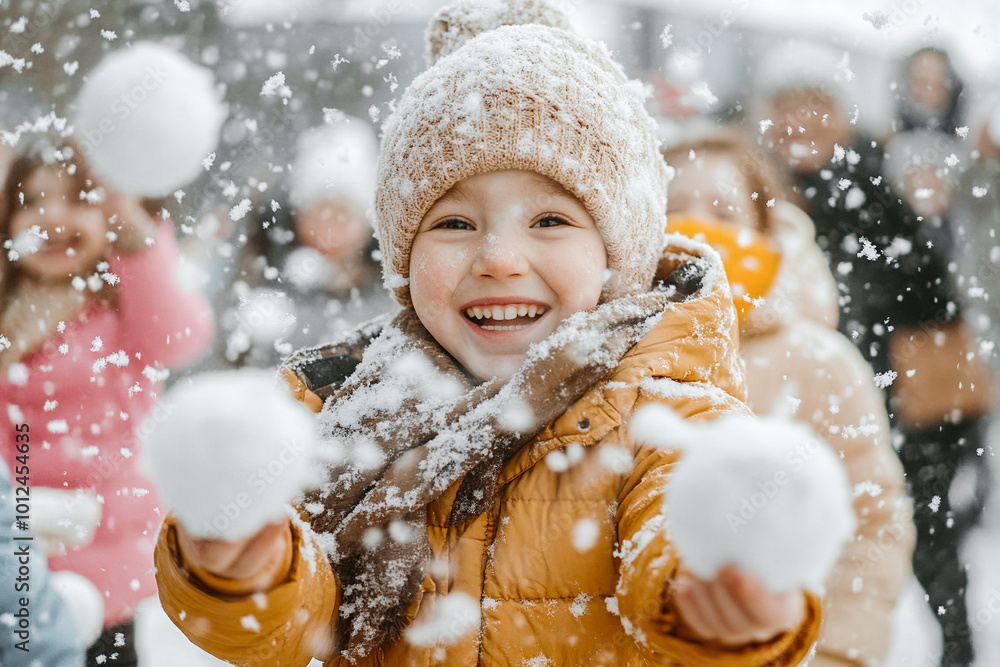 Cute smiling girl holding snowflakes in her hands on blurred background of children in snowy weather. Group of children playing snowballs together. Cute smiling girl holding snowflakes in her hands on blurred background of children in snowy weather. Group of children playing snowballs together.
