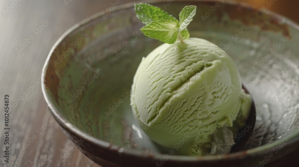 Creamy Mint Ice Cream in Rustic Bowl Creamy Mint Ice Cream in Rustic Bowl