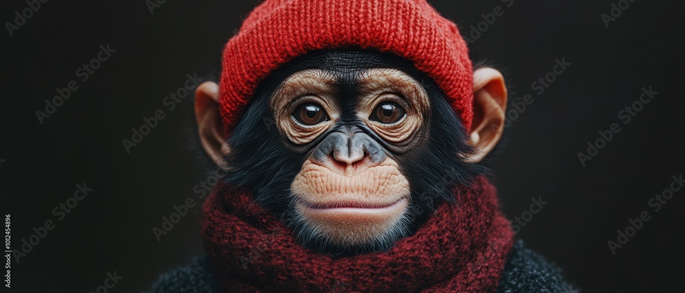 Chimp in a red hat and scarf indoors Chimp in a red hat and scarf indoors