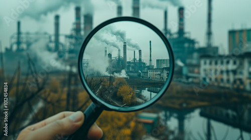 Man's hand holds magnifying glass over industial smokestacks emitting smoke. Pollution control
