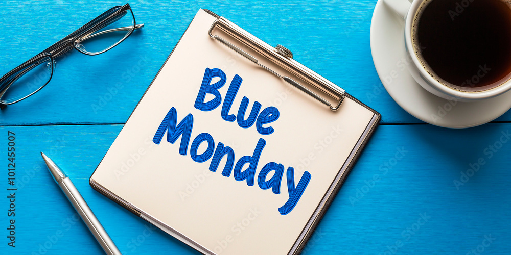 Blue Blue monday sign on table with glasses coffee cup and pen Blue Blue monday sign on table with glasses coffee cup and pen