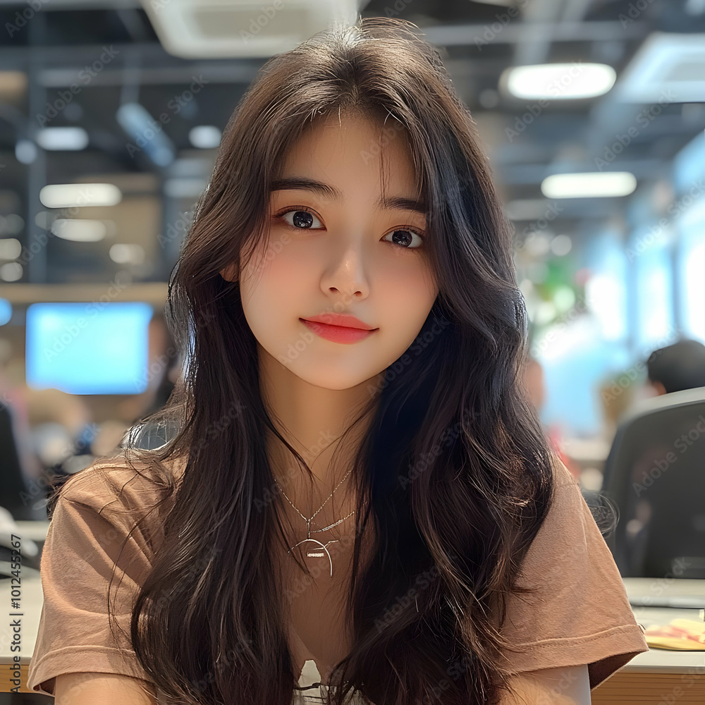 Photo Young Woman with Long Dark Hair, Cafe Setting Photo Young Woman with Long Dark Hair, Cafe Setting