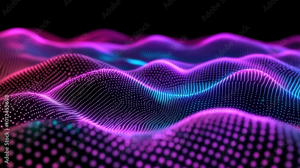 Abstract dot wave line with moving particles on dark background . Digital cyberspace, Big data analytics, 3d rendering, machine learning, and predictive analytics. Abstract dot wave line with moving particles on dark background . Digital cyberspace, Big data analytics, 3d rendering, machine learning, and predictive analytics.