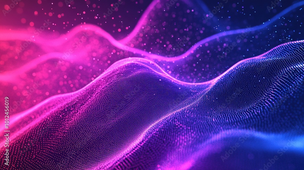 Abstract dot wave line with moving particles on dark background . Digital cyberspace, Big data analytics, 3d rendering, machine learning, and predictive analytics. Abstract dot wave line with moving particles on dark background . Digital cyberspace, Big data analytics, 3d rendering, machine learning, and predictive analytics.