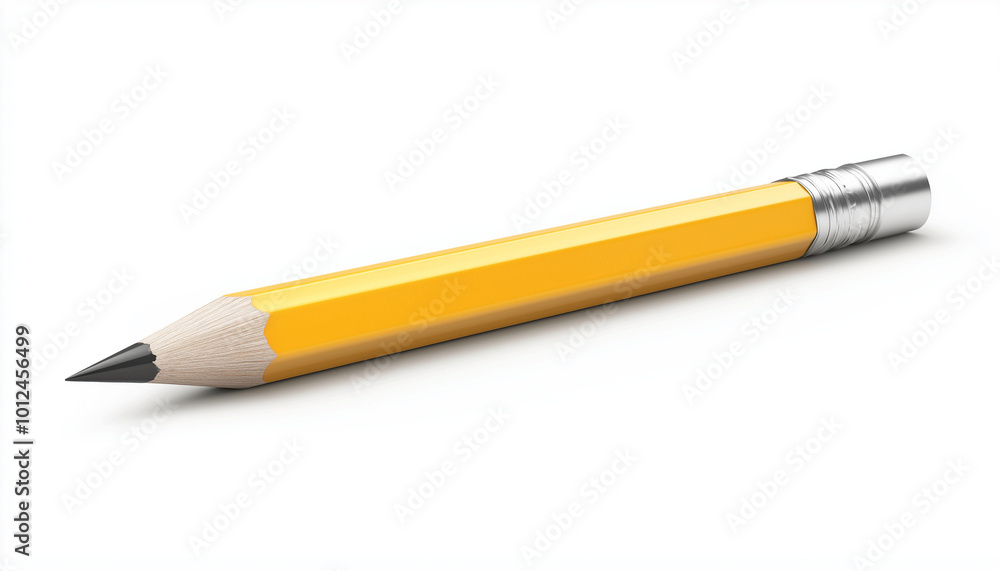 A single, yellow pencil with a black graphite tip and silver eraser lies on a white background. The pencil is lying horizontally with the eraser end to the right. A single, yellow pencil with a black graphite tip and silver eraser lies on a white background. The pencil is lying horizontally with the eraser end to the right.