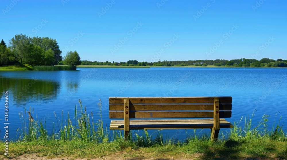 Tranquil Lake Scene with Wooden Bench and Clear Sky Tranquil Lake Scene with Wooden Bench and Clear Sky