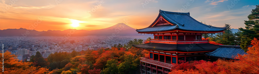 Chureito Pagoda Autumn Sunset, Mount Fuji Realistic Image Chureito Pagoda Autumn Sunset, Mount Fuji Realistic Image