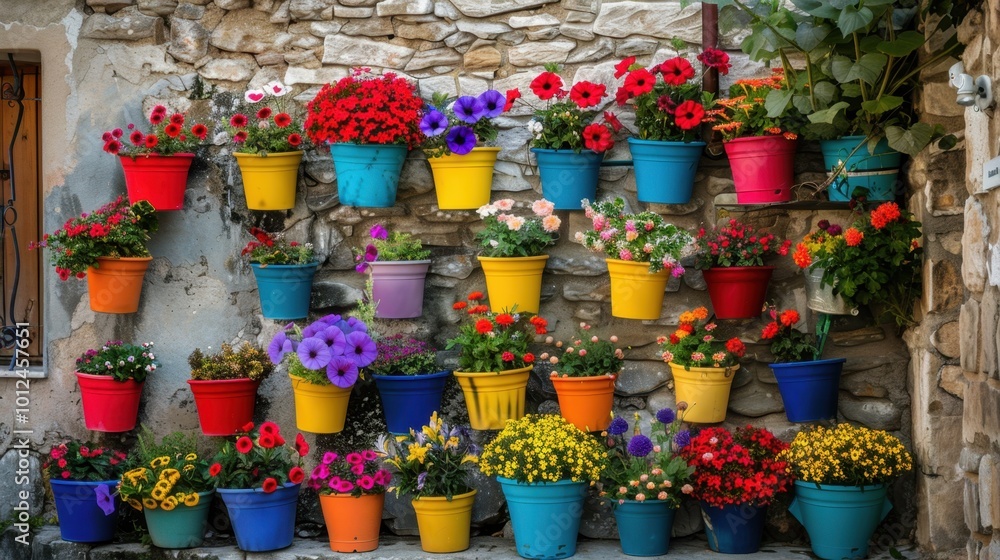 Fototapeta premium Colorful Flower Pots on a Stone Wall