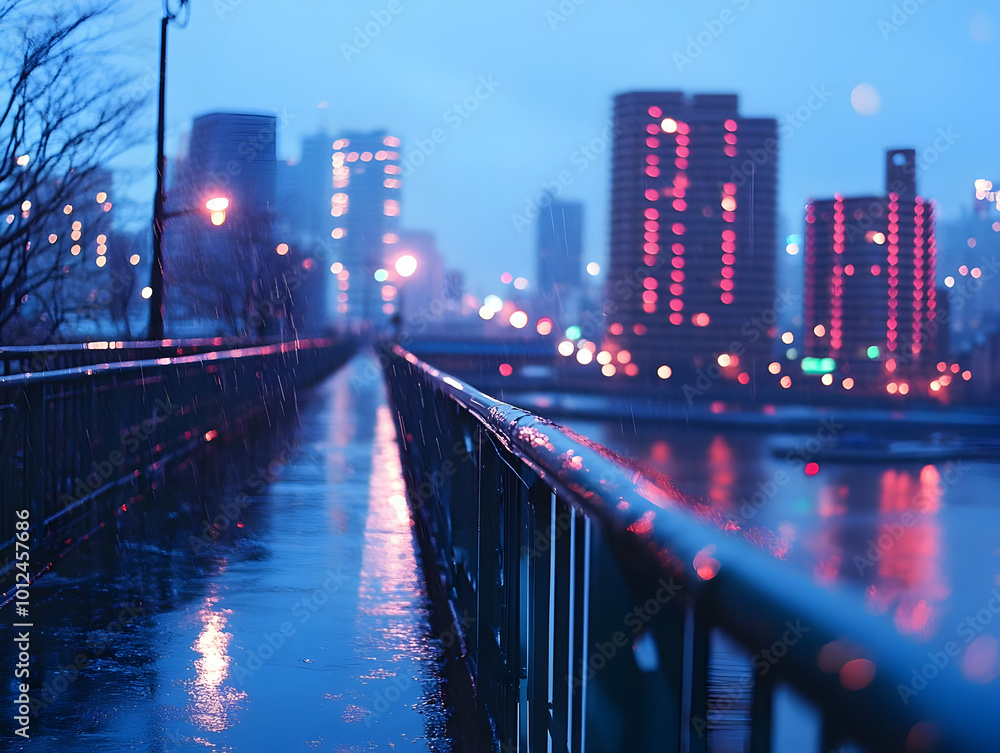 Rainy Night City Lights Photo - Urban Bridge Walkway Rainy Night City Lights Photo - Urban Bridge Walkway