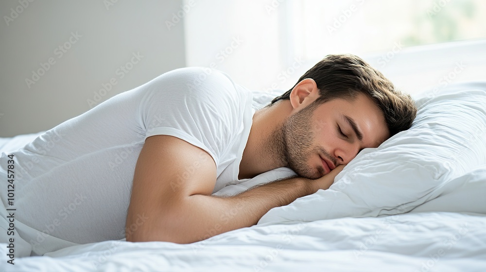 A peaceful side view of a man sleeping in bed, captured in profile as he enjoys a restful slumber. The serene atmosphere is enhanced by soft bedding and a calming environment, A peaceful side view of a man sleeping in bed, captured in profile as he enjoys a restful slumber. The serene atmosphere is enhanced by soft bedding and a calming environment,