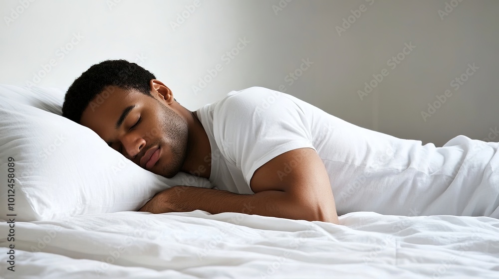 A peaceful side view of a man sleeping in bed, captured in profile as he enjoys a restful slumber. The serene atmosphere is enhanced by soft bedding and a calming environment, A peaceful side view of a man sleeping in bed, captured in profile as he enjoys a restful slumber. The serene atmosphere is enhanced by soft bedding and a calming environment,
