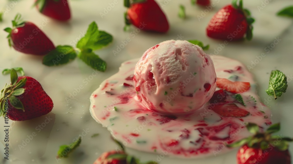 Melting Strawberry Ice Cream on a Marble Surface Melting Strawberry Ice Cream on a Marble Surface