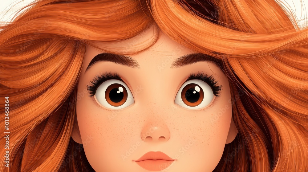 A whimsical digital portrait of a wide-eyed girl with auburn hair, conveying a state of surprise and wonder, rendered in a charming, vibrant cartoon style. A whimsical digital portrait of a wide-eyed girl with auburn hair, conveying a state of surprise and wonder, rendered in a charming, vibrant cartoon style.
