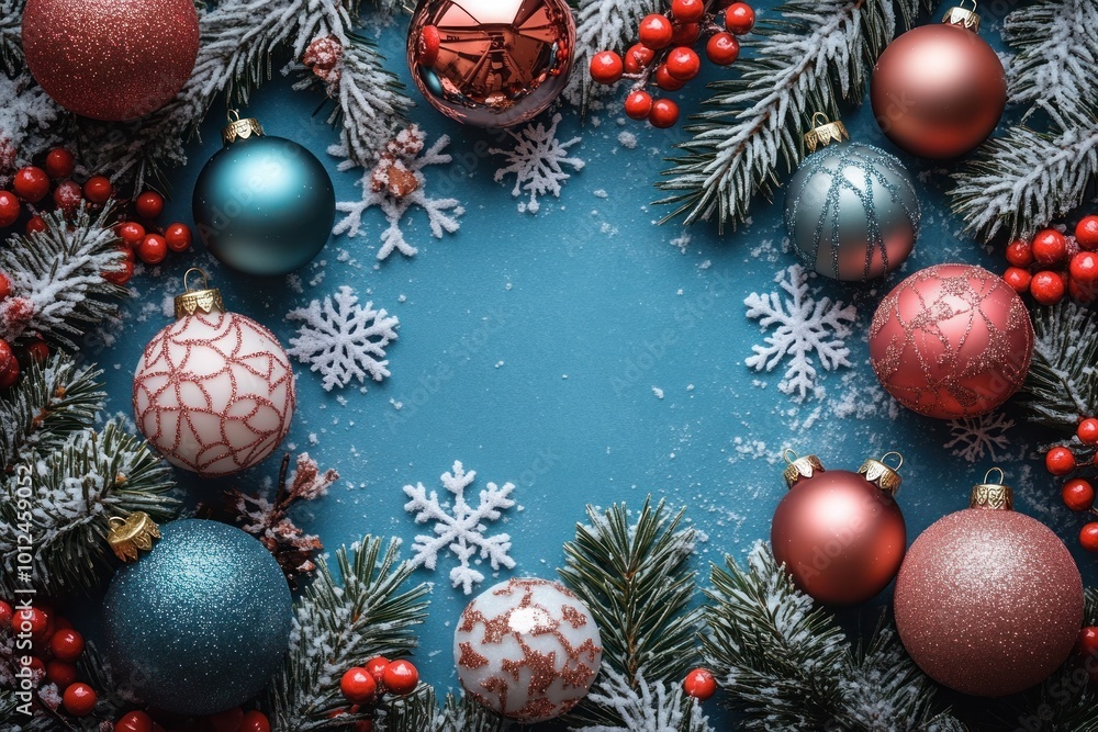 Christmas ornaments, pine branches, snowflakes, and berries on a blue background with copy space in the center. Christmas ornaments, pine branches, snowflakes, and berries on a blue background with copy space in the center.
