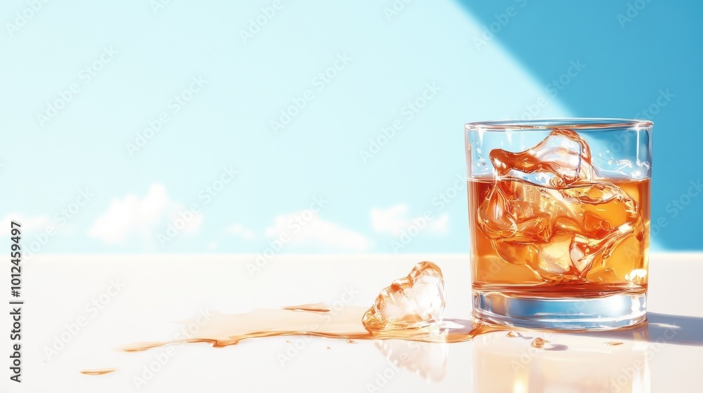 A serene image depicting a glass of amber-hued beverage with ice cubes on a smooth white surface, with some drink spilled, under a clear sky with minimal clouds. A serene image depicting a glass of amber-hued beverage with ice cubes on a smooth white surface, with some drink spilled, under a clear sky with minimal clouds.