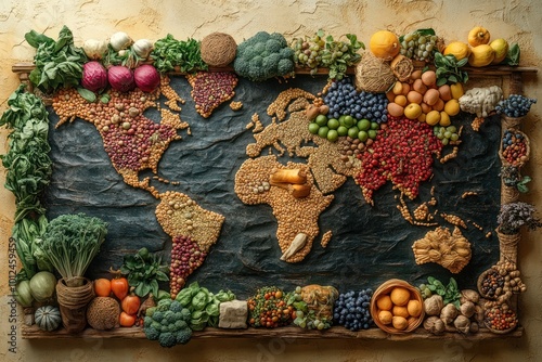 Fototapeta Naklejka Na Ścianę i Meble -  A world map made of various foods and spices, representing the diverse culinary traditions of different regions.