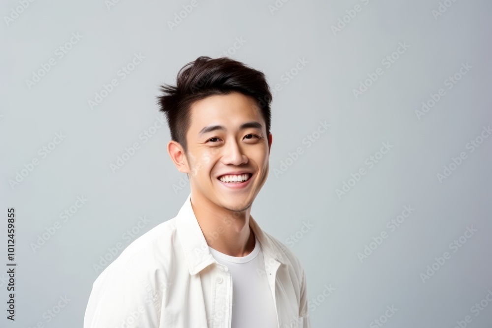 Portrait of a happy young asian man smiling on gray background Portrait of a happy young asian man smiling on gray background