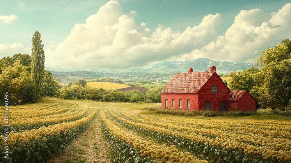 A red house stands on a hill overlooking a field of sunflowers, with a blue sky and fluffy clouds. A red house stands on a hill overlooking a field of sunflowers, with a blue sky and fluffy clouds.