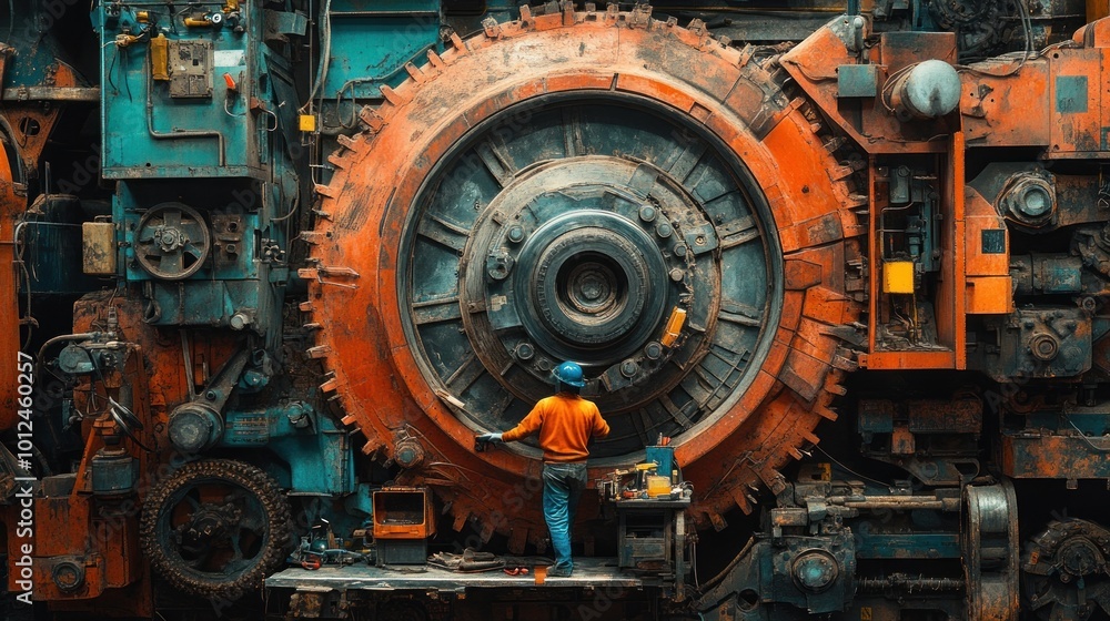 Fototapeta premium A worker in blue hard hat and orange shirt stands in front of a massive, rusty, industrial machine with a large gear.