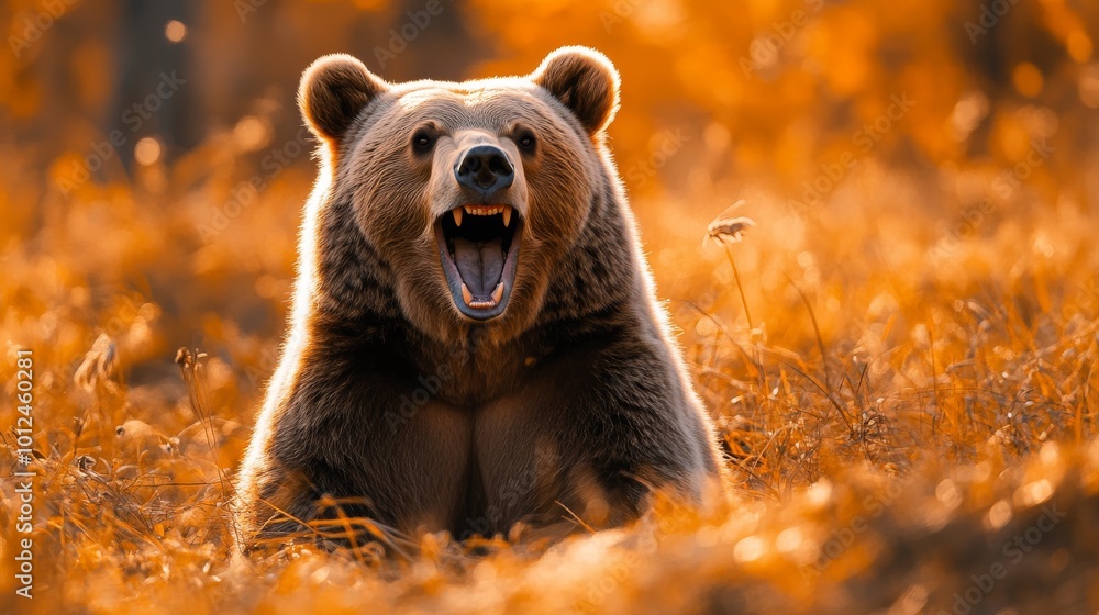 Obraz premium A bear is laying in the grass with its mouth open, showing its teeth. The bear is in a field of yellow grass, and the scene has a peaceful and serene mood