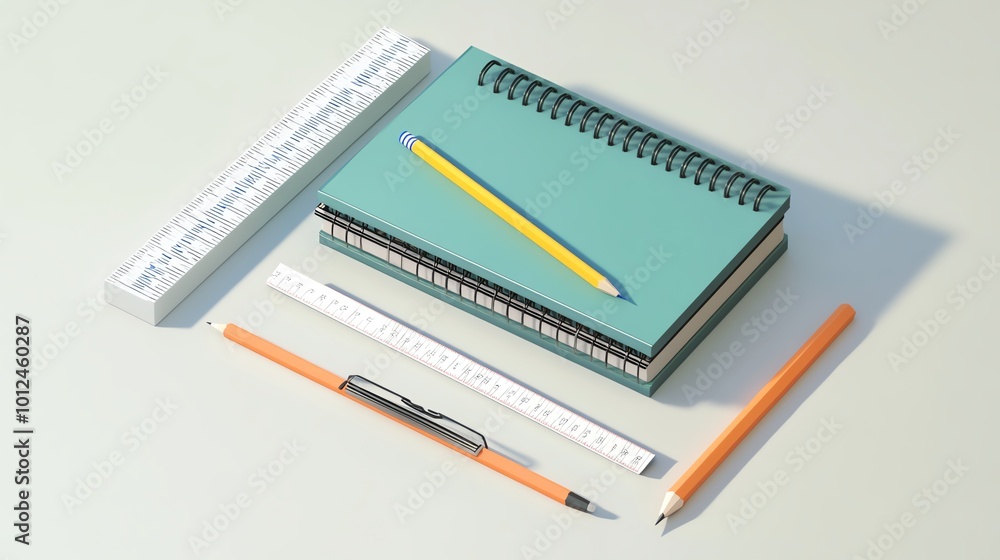 Flat lay of school supplies with notebook, rulers, and pencils on neutral background. Ideal for educational and creative concepts. Flat lay of school supplies with notebook, rulers, and pencils on neutral background. Ideal for educational and creative concepts.