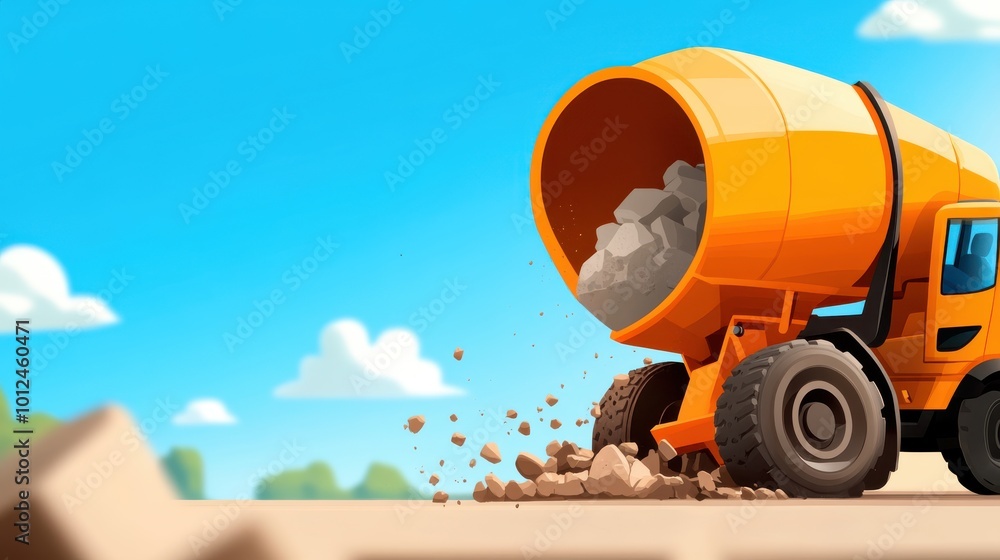 An artistic illustration of an orange concrete mixer truck pouring rocks vividly, showcasing the raw essence of construction with clear blue skies and green backdrop. An artistic illustration of an orange concrete mixer truck pouring rocks vividly, showcasing the raw essence of construction with clear blue skies and green backdrop.