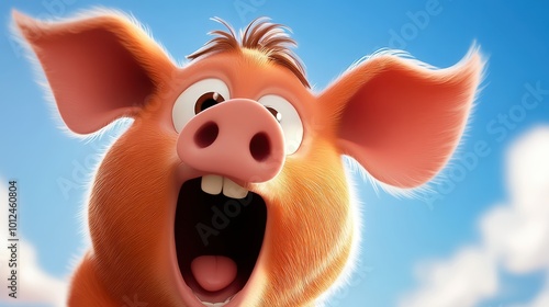 A cheerful cartoon pig with an open mouth captures an excited and joyful expression in a vibrant, lively setting, radiating fun and positivity under a clear sky.