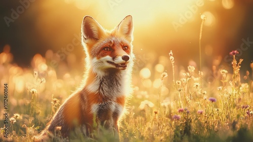 A fox is sitting in a field of flowers. The sun is shining brightly, casting a warm glow on the scene. The fox appears to be enjoying the beautiful day and the peaceful surroundings