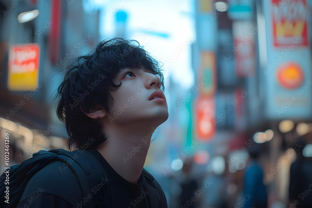 Lost in the Neon Glow Photo - Young Man in City Lost in the Neon Glow Photo - Young Man in City