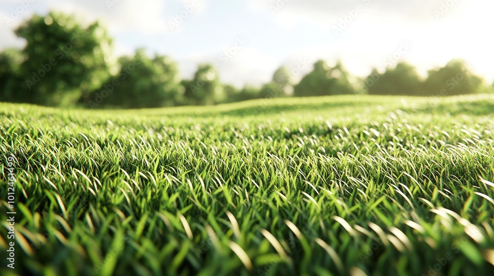 Green grass field. Summer landscape scene mockup. 3d illustration Green grass field. Summer landscape scene mockup. 3d illustration