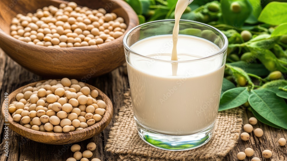 Healthy and refreshing soy milk being poured into a glass, with soybeans in the background, representing a plant-based lifestyle. Healthy and refreshing soy milk being poured into a glass, with soybeans in the background, representing a plant-based lifestyle.