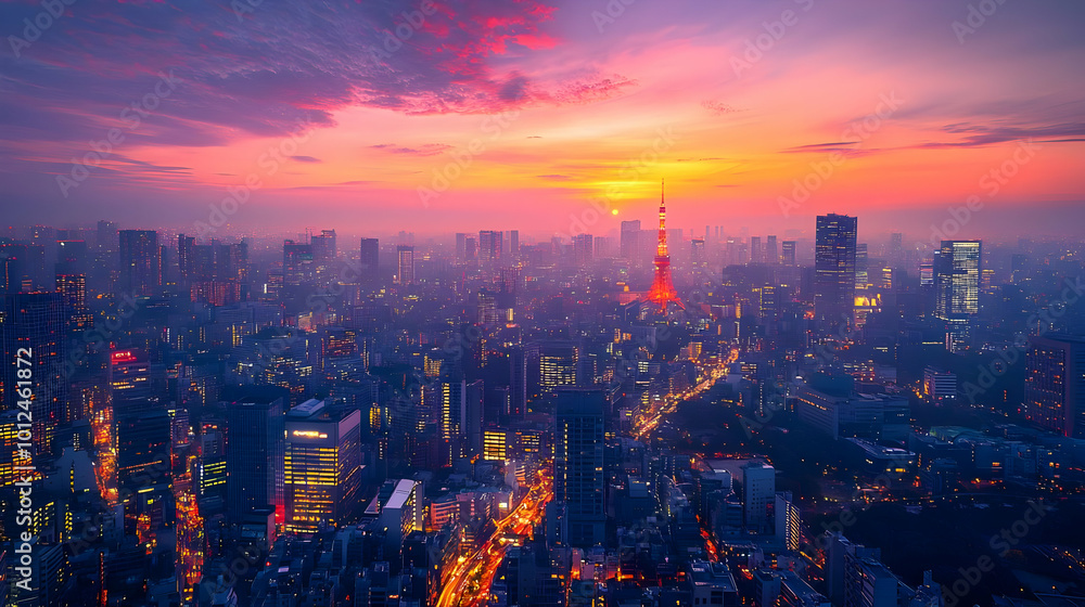 Fototapeta premium Tokyo Skyline Sunset Illustration - Cityscape, Japan, Urban, Architecture, Night, Lights, Buildings